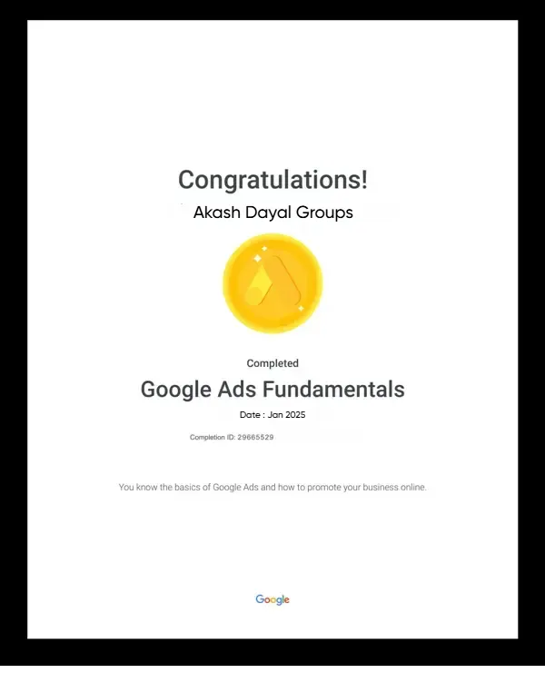 Google Ads Fundamentals Certificate of Digital Marketing King